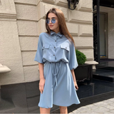 Amfeov hoco dresses Women Casual Summer Dress Turn-Down Collar Three Quarter Lantern Sleeve A-Line Sashes Mini Dress Casual Office Lady Street Wear