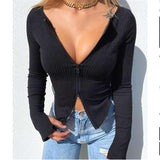 Amfeov Women T-shirt Spring Autumn Clothes Ribbed Knitted Long Sleeve Crop Tops Zipper Design Tee  Female Slim Black White Tops