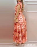 Amfeov Spot 2022 New Female Fashion Pink Printed V-Neck Chiffon Dress