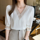 Amfeov Summer Hollow Out Blouse Women New 2024 Middle Sleeve White Shirts Chiffon Fashion V Neck Splicing Top Female Blusas Mujer 13367