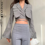 Double Layer Lace Up Coat Blazer Slim Women Gray Long Sleeve Pocket Short Jacket Suit Collar Female Outwear Clothes 2021