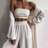 Amfeov Amfeov Women Three-piece Suit Casual Wrap Tube Top Wide Leg Pants Suits Homewear Elegant 2022 Spring Summer Soft Female 3 Piece Outfits