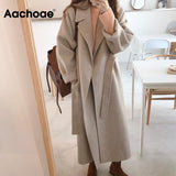 Amfeov Christmas Gift Aachoae Women Elegant Solid Color Long Wool Coat With Belt Long Sleeve Turn Down Collar Coats Female Autumn Winter Outerwear