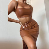 Women's Sexy Dress PU Leather Split Skirt And Sleeveless Vest Suit Ladies Crop Top Bodycon Dress High Street Two-Pieces Set