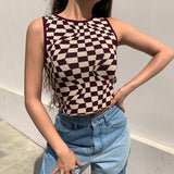 Amfeov Summer Knit Crop Top Women Sleeveless New Tank Top Basic T Shirts Casual Checker Plaid Vest Streetwear Tank Top Vintage