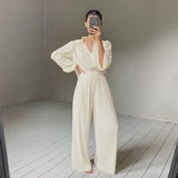 Christmas Gift Pleated Blouse Wide Leg Pants Women Trousers Elegant Casual Palazzo Pants Elastic High Waist Ruched Pants Ladies 2 Pieces Set