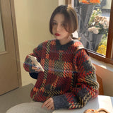 Christmas Gift Women's Knitted Woven Sweaters Plaid Round Collar Long Sleeve Loose Warm Pullovers Christmas Color Print Outwears 2021