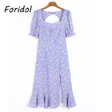 Amfeov Autumn Backless Cutout Pink Summer Dress Women Floral Print Slit Boho Long Dress Women Puff Sleeve Ruffle Sundress 2024 New