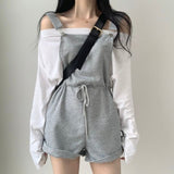 Women's Off-shoulder Casual All-match Waist Loose Loose Jumpsuit Shorts Bib + Long-sleeved Bottoming T-shirt Suit 2021