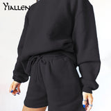 Yiallen Autumn Cotton Solid Two Piece Set Women Early Casual O-Neck Sweater+Drawstring Sporty Shorts Classic Matching Outfit