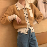 Thanksgiving Day Gifts Korean Style Short Knitted Cardigan Autumn Winter Contrast Color Long Sleeve Single Breasted Vintage Sweater Coat Knitwear Tops