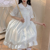 QWEEK White Kawaii Lolita Dress For Girls Soft Princess Fairy Peter Pan Collar Dress Japanese Style Cute Puff Sleeve Party Dress