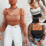 Sexy Women Wrinkled Backless Blouse Shirt Mesh Sheer Puff Sleeve Wrap Chest Tops 2020 Spring Summer Ladies Dots Blouse