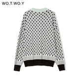 Autumn Winter Jacquard Knitted Cardigans Women Single Breasted V-neck Vintage Sweaters Female Plaid Cropped Cardigan 2021