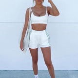 Casual Drawstring Biker Shorts Sets Women Sportswear Halter Crop Top + Shorts Summer Athleisure Outfits Solid Two Piece Set-0519