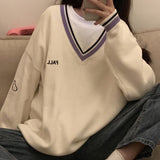 Amfeov Christmas Gift Sweaters Women Ulzzang Letter Chic Vintage V-neck Daily Oversize Girls Pullovers Student Fall Casual All-match Ins Women Sweater