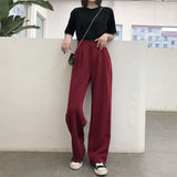 Amfeov Casual Pants Women Vintage Pure Burgundy Office Lady Long Trousers Summer Soft Elegant Pockets Minimalist Femme Chic Streetwear