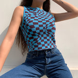 Amfeov Summer Knit Crop Top Women Sleeveless New Tank Top Basic T Shirts Casual Checker Plaid Vest Streetwear Tank Top Vintage