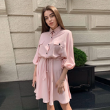 Amfeov hoco dresses Women Casual Summer Dress Turn-Down Collar Three Quarter Lantern Sleeve A-Line Sashes Mini Dress Casual Office Lady Street Wear