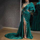 Amfeov Evening Party Dress Women Elegant Beading Side Split Satin Lantern Sleeve Green Wedding Prom Gown Long Maxi Dresses 2024