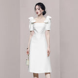 Thanksgiving Day Gifts Korean Fashion Summer Women's Long Dress Vintage Short Sleeve Bow Square Collar High Waist Female A-Line Midi Dresses Elegant
