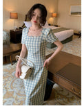 For Women Summer Square Collar French Style Plaid Short Sleeve Holiday Dresses