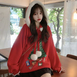 Christmas Gift Hoodies Women Autumn Winter Loose Cute plus-Sized Size Top Christmas Tree Thick Long Sleeve Student Hairy Ball Casual Pullover