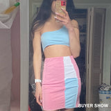 Amfeov Ribbed Patchwork Two Piece Sets One Shoulder Tank Top And Skirts Women Skinny Vintage Streetwear Co-ord Outfits Club