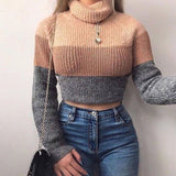 Christmas Gift Womens Pullovers Turtlenecks Long Sleeve Knit Brown Crochet Top Knitting Striped Females Thick Warm Cropped Sweaters Clothes