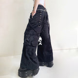 Amfeov Eyelet Buckle Black Punk Goth Jean Fashion Woman Techwear Dark Academic Print Egirl Cargo Pants High Waist Denim Trousers