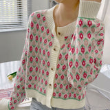 Amfeov Korean Style Loose Soft Autumn Winter Knitted Cardigan Long Sleeve Round Neck Flower Sweater Fashion Short Women's Jacket