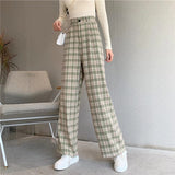 Amfeov 2023 New Fashion Green Checkered Harajuku Pants Women Straight Trousers High Waist Plaid Pants Spring Baggy Pantalones Bottom
