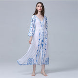 Embroidered Women Maxi Dress V-Neck Batwing Sleeve Loose Oversize Summer Dresses Drawstring Waist Boho Beach Vestidos