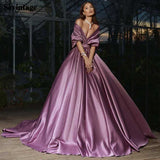 Back To School Amfeov Purple Ball Gown Satin Prom Dresses Sexy Deep V-Neck Evening Party Gowns Pleats Special Occasion Dress For Women