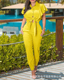 Amfeov 2022 Summer Fashion Women's Suit Short Sleeve Puff Sleeve Top High Waist Slim Pants Elegant Casual Suit Office Lady 2-Piece Set