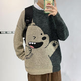 Amfeov Sweater men autumn winter thick ins loose lazy style cardigan jacket Korean fashion cartoon animal pattern men's sweater pullove