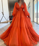 Long Puff Sleeves Prom Dresses V-Neck Pleats Chiffon Princess Evening Gowns Women Party Dress Plus Size 2022
