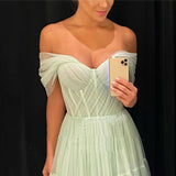 Back To School Amfeov Graduation Gift  Sevintage Light Green Tulle Long Prom Dresses Pleats Off The Shoulder Plus Size Women Party Gowns Tiered Evening Dress 2022