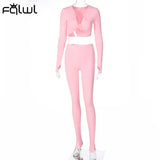 Amfeov Casual Summer 2 Two Piece Set Women Pink Outfit Long Sleeve Crop Top Leggings Women Joggers Matching Sets Ladies Tracksuit