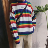 Retro Hit Color O-neck Knit Rainbow Striped Sweaters Men O-neck Oversize Pullover Knitwear Lgbt Clothes Casual Knitted Sweater