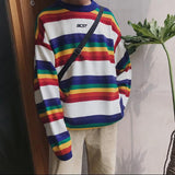 Amfeov Retro Hit Color O-neck Knit Rainbow Striped Sweaters Men O-neck Oversize Pullover Knitwear Lgbt Clothes Casual Knitted Sweater