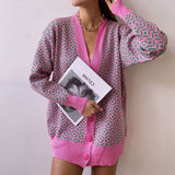 Amfeov V-neck Lantern Long Sleeve Cardigan Women Knitted Printed Oversized Sweater 2022 Fall New Single-breasted Cardigan