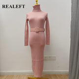 Amfeov 2022 New Winter Knitted Dress with Belt Pink High Waist Basic Long Sleeve Sheath Bodycon Sexy Midi Sweater Dress Female