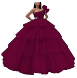 Amfeov Pink One Shoulder Quinceanera Dress Dubai Ball Gown Tiered Pleats Long Formal Prom Gowns Saudi Arabic Sweet 16 Dresses