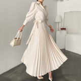 Amfeov New Arrival 2023 Women Summer Dress 3 Colors High Waist Puff Sleeve Casual Elegant Pleated Long Dresses Vestidos