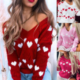 Christmas Gift 2021 Newest Knitted Sweaters Women Hollow Knit Sweater Pullovers Adults Heart Pattern Long Sleeve V-neck Pullover Solid Color