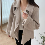 Amfeov 2023 New Fashion Women Elegant Double Breasted Long Sleeve Wool Coats Autumn Winter Chic Casual Solid Color Outerwear