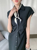 Summer New Women Single Breasted Short Sleeve Office Lady Elegant Vestidos Femme Clothes Midi  Slim Solid Shirt Dress