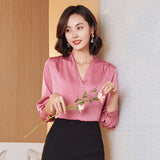 Amfeov Graduation Gifts 2024 Autumn New Loose Fashion Long Sleeve V-neck Korean Satin Blouse Women Blouse Plus Size Women Tops Shirt Blusas Mujer 10853