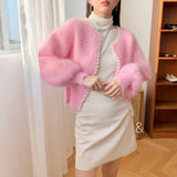 Christmas Gifts Sweet Lantern Sleeve Mink Cashmere Sweater Knitted Cardigan Korean Beads 2022 New Causal Knitwear Open Stitch